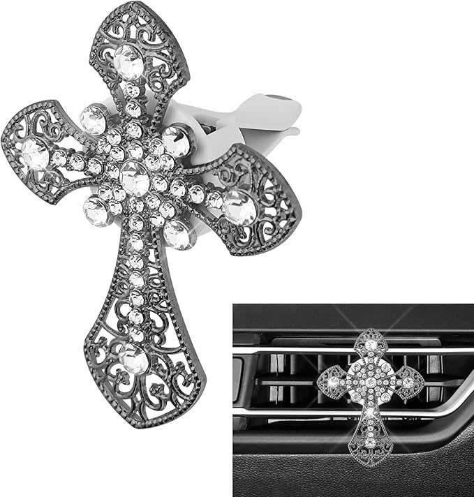 Bling Car Air Vent Clip, Crystal Cross Car Air Fresheners, Rhinestone Vehicle Air Conditioner Outlet Diffuser Vent Clip, Bling Car Interior Accessories Fit for Women and Man (Black, Style 1)