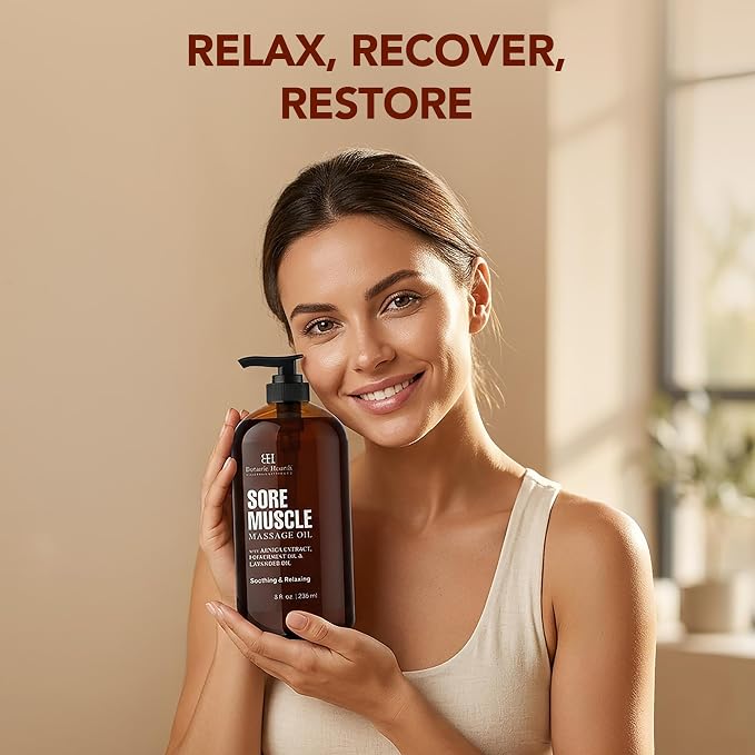 Botanic Hearth Soremuscle Massage Oil 8 Fl Oz| Refreshing, Relaxing Massage Oils for Muscle Relaxing & Joint Comfort | Made with Natural Oils | for All Skin Types, for Men & Women