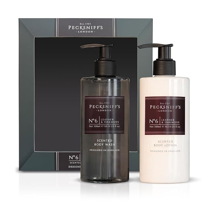 Pecksniffs Mens Bathing Duo Collection – Leather & Oakmoss Scented Body Wash and Body Lotion Gift Set, 2 x 250ml