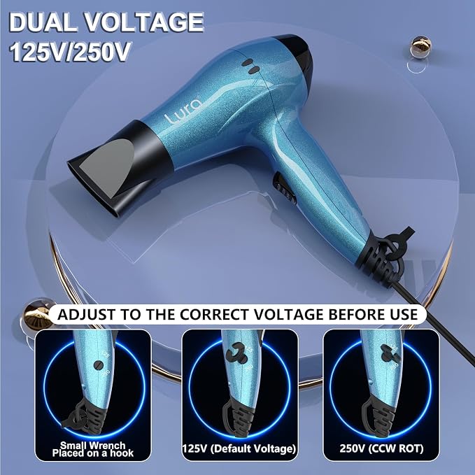 LURA Travel Hair Dryer with Diffuser,Small Dual Voltage Hair Dryers for Women,Mini Portable Blow Dryer for Men,Lightweight Compact Blow Dryer with European Plug(Blue)