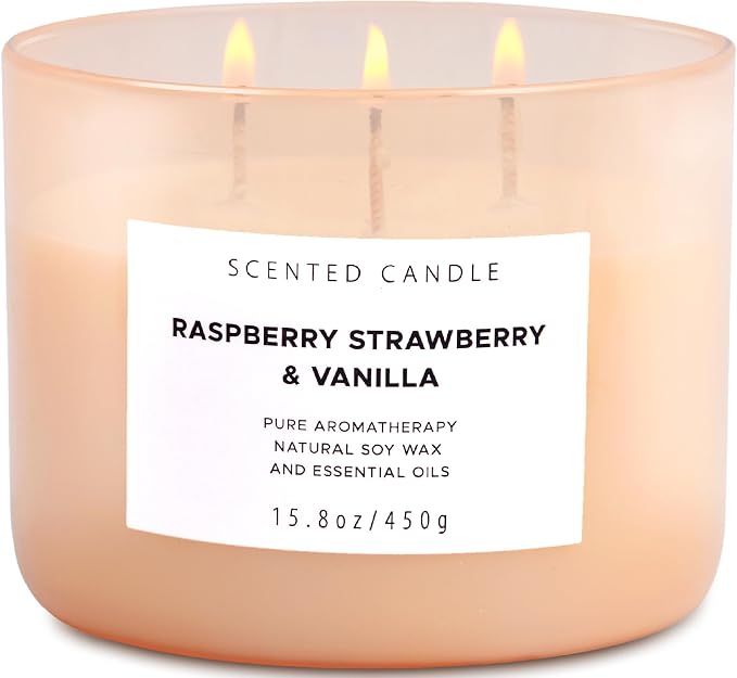 Raspberry Strawberry Vanilla 3-Wick Scented Soy Candle 15.8 oz | Large Sweet Berry Vanilla Scented Candle for Home | Relaxing Aromatherapy Candle | Strong Throw & Long Lasting