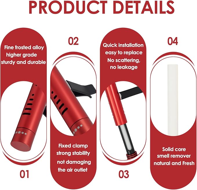 2 Pack Car Essential Oil Diffuser Vent Clip, Aluminum Essential Oil Car Diffuser Vent Clip Kit with 12 Pcs Odorless Sticks, Vent Clip for Cars, Office, Kitchen (Red, 2 Pcs)