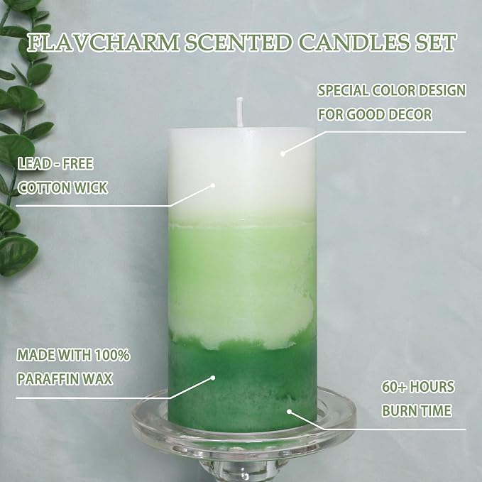 Pillar Candles 3x6 Inch Eucalyptus Scented Hand-Poured 3-Layers Green Gradient Decorative Candle Long Burning Candle for Home Scented Relaxation Spa Holiday Dinner Table, Set of 3