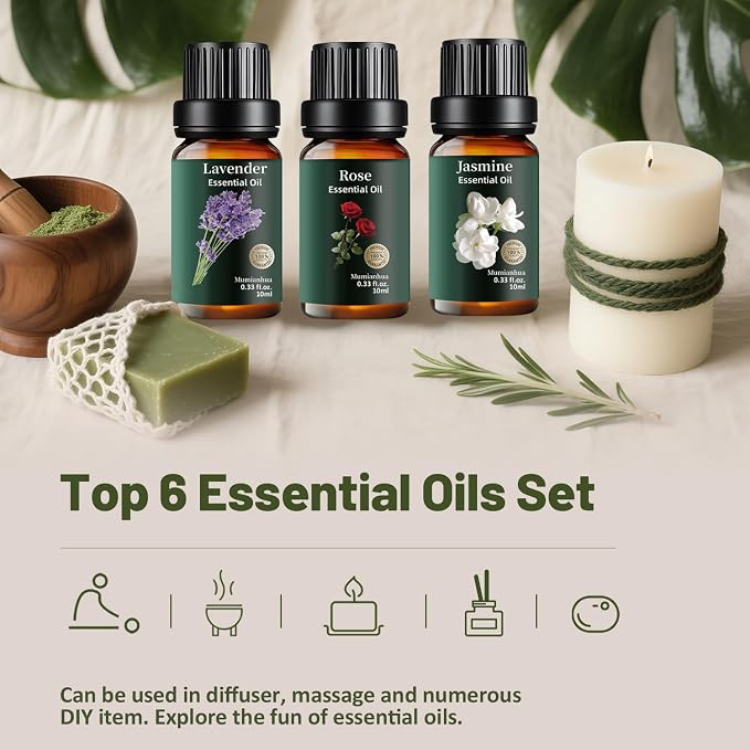 Floral Essential Oils Set Pure, Mumianhua Lavender Rose Jasmine Ylang Ylang Gardenia Freesia – Natural Aromatherapy Gift for Diffuser, Humidifier, Candle & Soap Making, Bedtime Serenity 6x10ml