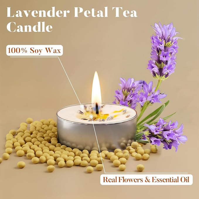 8 Pack Lavender Tealight Candles, Petals-Infused with Real Lavender, Natural Soy Wax 4-Hour Clean Burn, Smokeless for Relaxation, Wedding & Home Decor