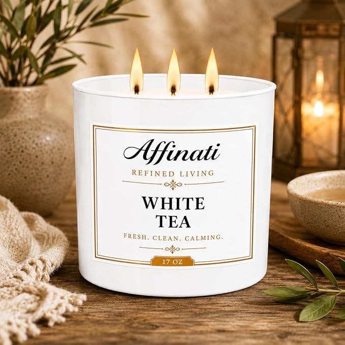 Affinati White Tea 3 Wick Scented Candle – Large Soy Blend Candle, Strong Scent Throw Fresh Crisp Herbal Spa Aromatherapy Candles for Home, Premium Luxury Home Fragrance