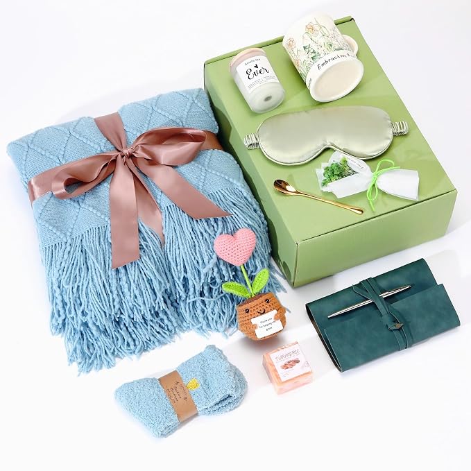 Sending Hugs Self-Care Gift Basket, Spa Relaxation Gifts for Women Her - Cozy Plush Throw, Inspirational Mug, Scented Candle & Journal for Get Well Soon, New Mom, Best Friend, Birthday (Aqua)