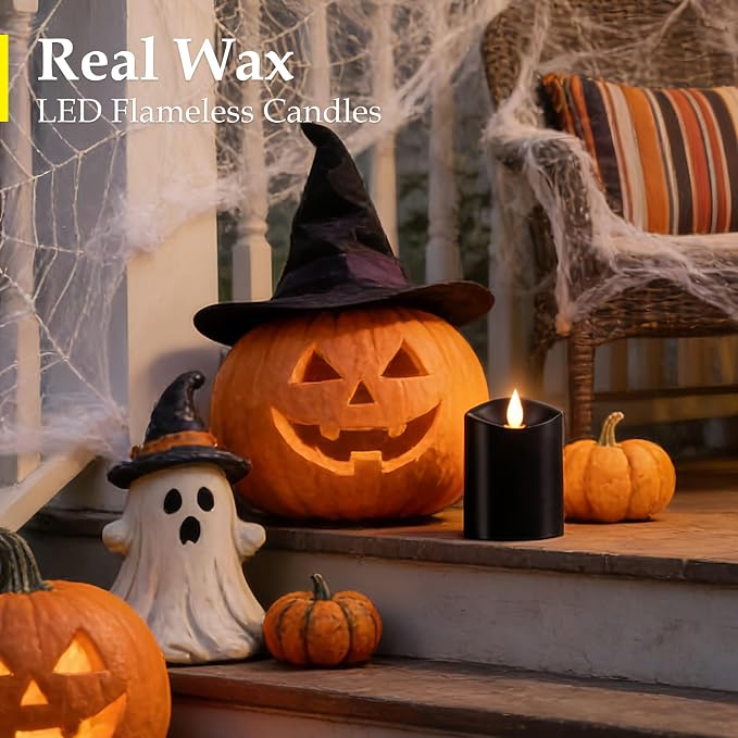 Black Flameless LED Candles - 3" x 4" Real Wax, Battery Operated with Remote Timer, 3D Flickering, Lasts 600+ Hours, Halloween & Christmas Deco (Black, 3"*4"-1pcs)