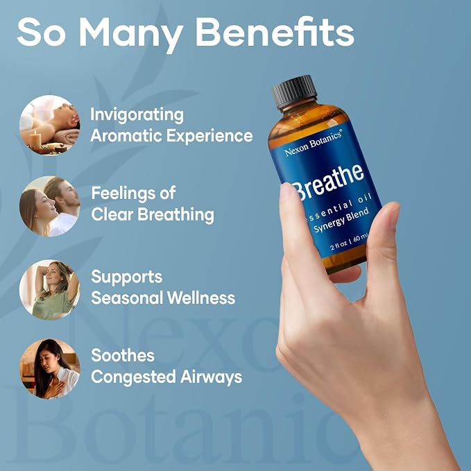 Breathe Essential Oil Blend 60 ml - Breath Sinus Relief with Menthol Oils - for Humidifiers, Diffusers, and Aromatherapy - Nexon Botanics