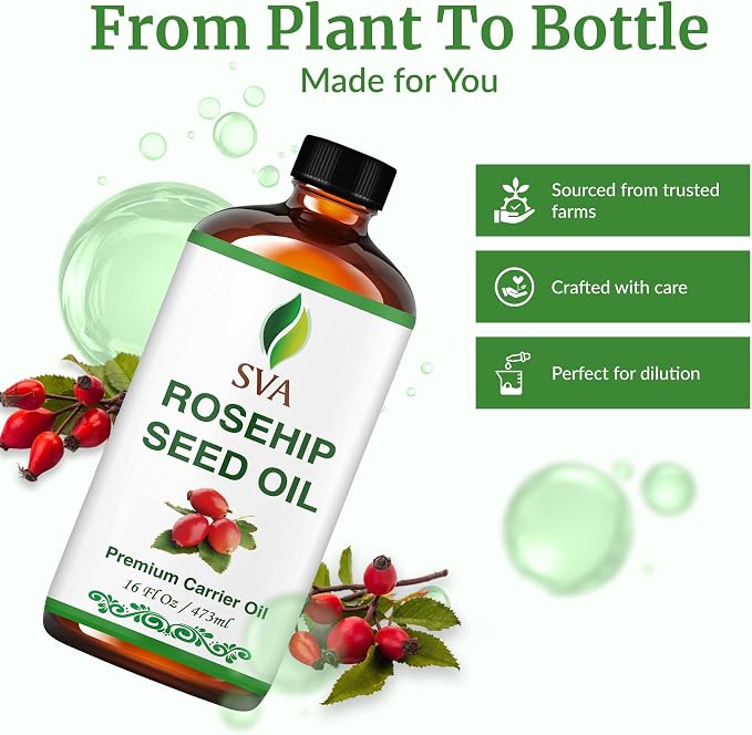 SVA Rosehip Seed Oil - 16 Fl Oz – 100% Natural & Cold Pressed - for Face, Skin Care, Hair Care, Scalp Massage & Body Massage – Carrier Oil with Dropper