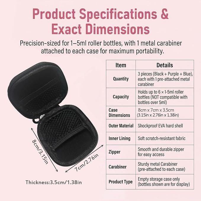 VASANA 3Pcs Portable Essential Oil Carrying Case Mini Travel Size Essential Oils Storage Bag Organizer Hardshell Case for 6Pack 1-5ml Roller Bottles
