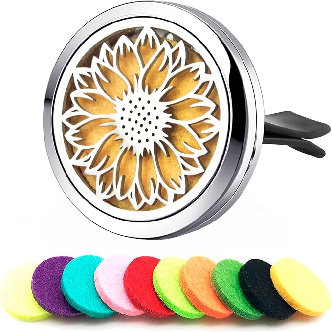 Sunshine Flower Car Essential Oil Diffuser Vent Clip,30mm Stainless Steel Car Diffuser Clip Compatible with 10 Felt Pads, Easy to Install