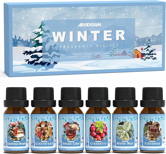 ARVIDSSON Winter Essential Oils Set, Holiday Fragrance Oil for Diffuser， Candle Making - Cinnamon, Christmas Wreath, Apple Cider, Gingerbread, Cranberry, Winter Mint Scented Oils for Home