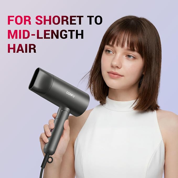 CONFU Diffuser Hair Dryer for Curly Hair,1500W Fast Drying Blow Dryer with Diffuser for Women,Compact & Portable Negative Ion Hairdryer,Mini and Foldable Blowdryer Design for Travel(Gray)