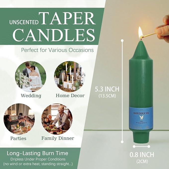 Smokeless Candlesticks Short Taper Candle,Unscented 5 Inches Dark Green Candle Sticks Dripless Tapered Candles for Home Décor Weddings Seasons Gifts