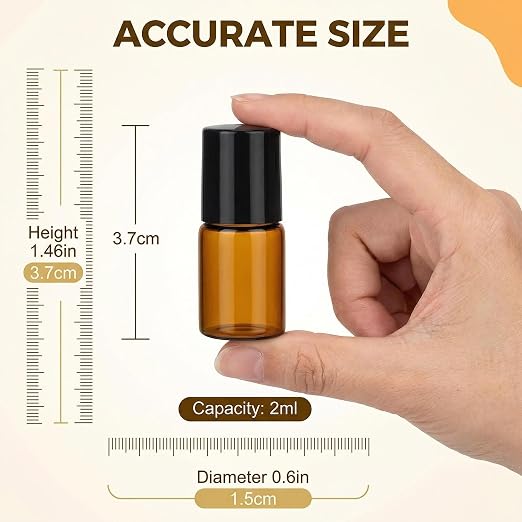 2ML 6PCS Essential Oil Glass Roller Bottles Mini Tiny Refillable Empty Aromatherapy Perfume Liquid Amber Glass Roll On Bottles Vials Metal Rollerball Bottles Jar