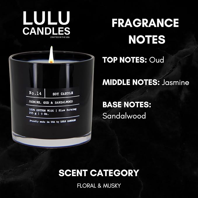 Lulu Candles | Jasmine, Oud & Sandalwood | Luxury Scented Soy Jar Candle | Hand Poured in The USA | Highly Scented & Long Lasting (9 Oz. 2 Pack)