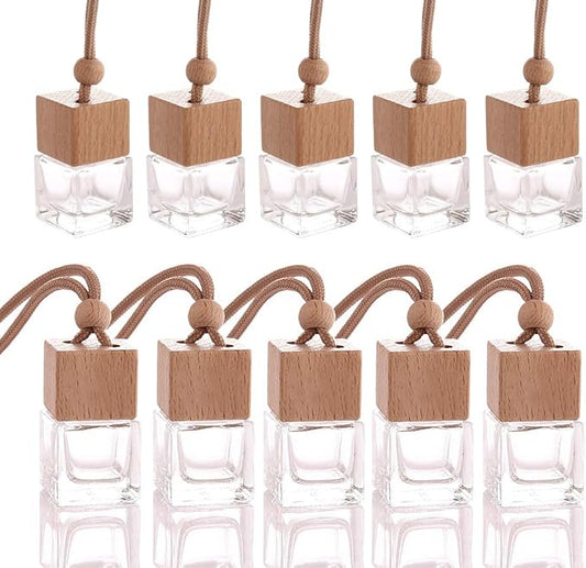 10 Pcs 8ml Car Air Freshener Ornament,Empty Clear Glass Essential Oil Diffuser Perfume Aromatherapy Pendant Vials with Wooden Caps & Hanging String-Free 1 Funnel&Dropper