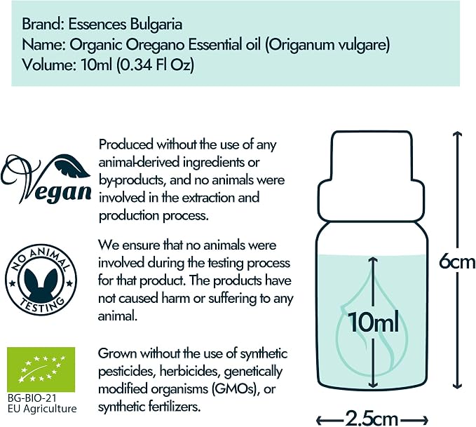 Essences Bulgaria Organic Greek Oregano Essential Oil 1/3 Fl Oz | 10ml | Origanum vulgare SSP. hirtum | 100% Pure and Natural | Undiluted | Therapeutic Grade | Family Owned Farm | Steam-Distilled
