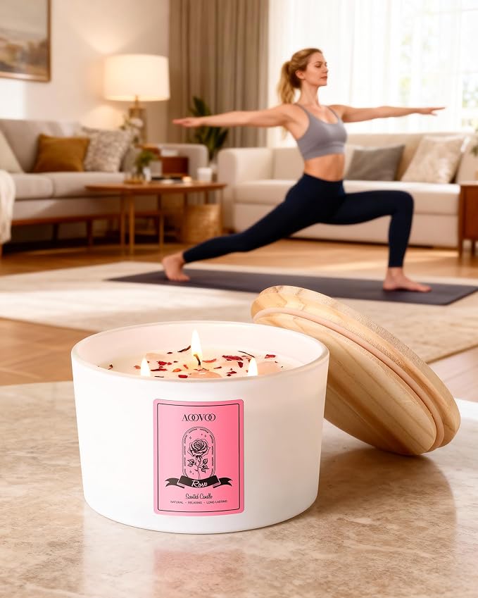 AOOVOO Rose Scented Candles for Women - 20oz 3 Wick Soy Candles for Home Scented, Aromatherapy Candle with Crystals Inside, Birthday Gifts Valentines Day Candle for Women Mom