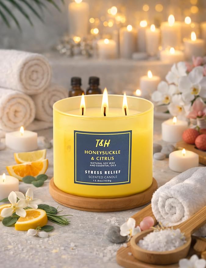 Honeysuckle Citrus Scented Soy Candle | Large 3-Wick Candle for Home, 15.8 oz | Fresh Floral Citrus Candle | Summer Candles for Women & Men | Thank You & Hostess Gifts for Women