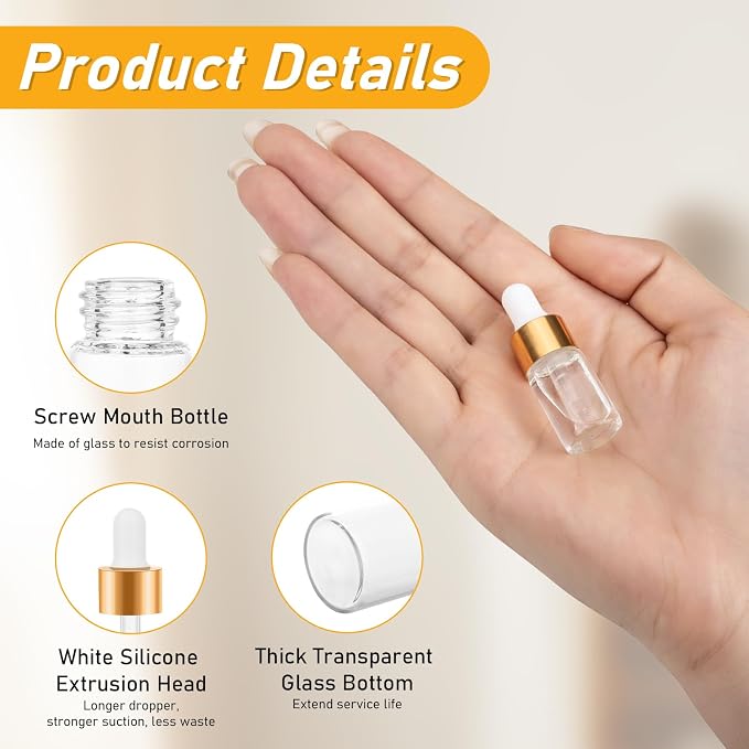 100 Pack Mini Dropper Bottle for Cuticle Oil, 3ml Small Sample Essential Oil Dropper Bottles for Travel, Clear Empty Vails for Cosmetic Perfume