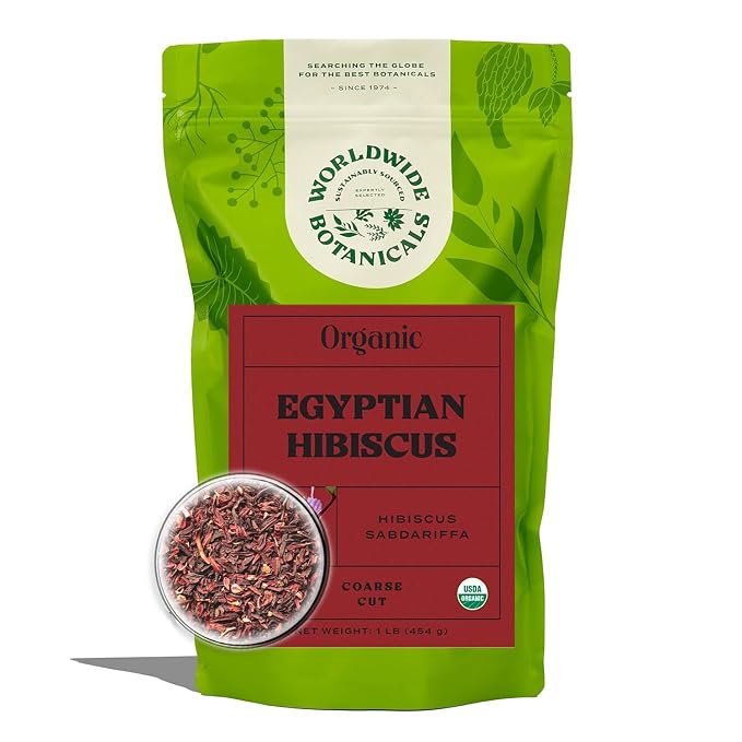 Worldwide Botanicals Organic Hibiscus Tea – 1 lb, Loose Leaf, Cut and Sifted – 100% Egyptian Hibiscus sabdariffa AKA Karkade, Roselle, Sorrel, Zobo, Flor de Jamaica, 1 Pound Bag
