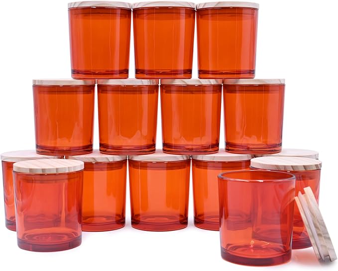 SHOWIN 8 OZ Thick Candle Jars for Making Candles 15 Pcs, Orange Empty Jars with Wood Lids for Candle Making, Sample Container,Clear Orange