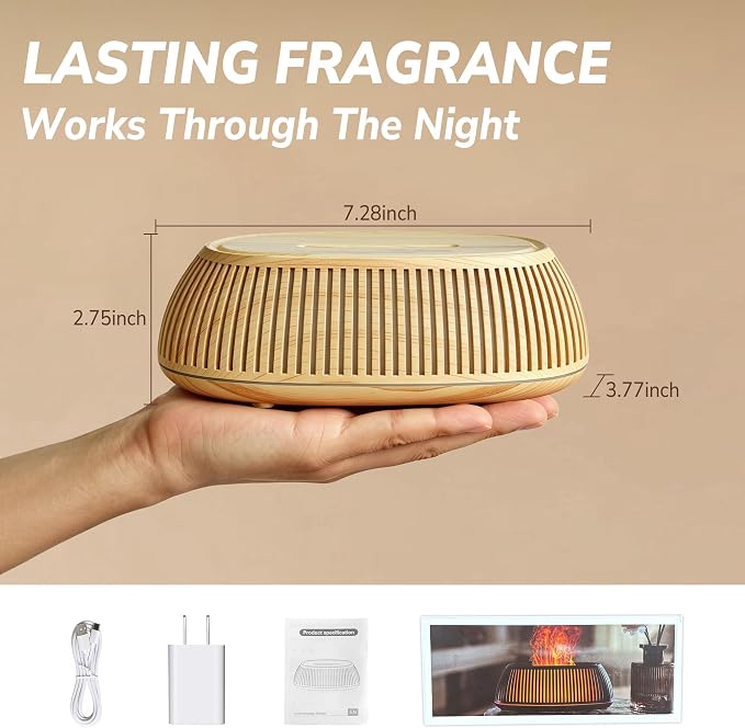 Flame Essential Oil Diffuser 150ml, Ultrasonic Aromatherapy Diffuser with 7 Color Lights, 1/2/4H Timer, Auto Shut-Off for Home Office Bedroom (Wood)