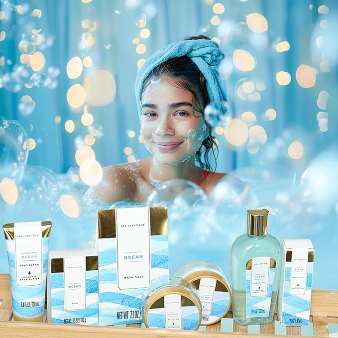 Spa Gift Basket for Women, Spa Luxetique Bath Gift Set - 12 Pcs Ocean Scented Home Bath Kit, Includes Bath Bombs, Body Scrub, Bubble Bath, Body Lotion & More, Spa Set for Women Gift