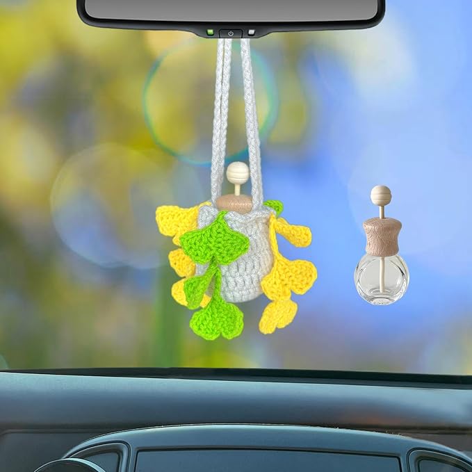 Car Essential Oil Diffuser, 10ml Empty Refillable Bottle with Crochet Hanging Plant Rear View Mirror Accessories, Home Office Decor