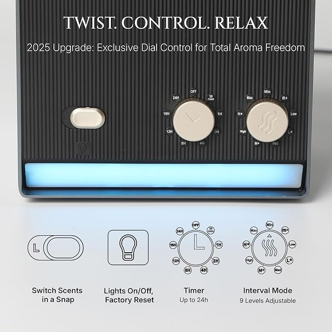 Aromadd Smart Waterless Essential Oil Diffuser with Dual Nozzle, Cold Air Tech Scent Air Machine with 8 Timer Settings, 9 Mist Levels, Hotel Collection Diffuser for Home & Office (Black Titanium)