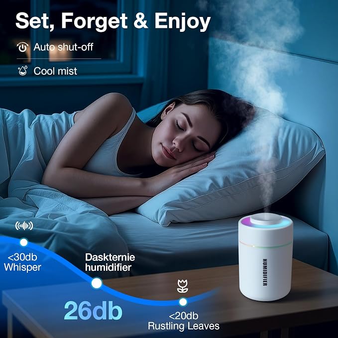 Small Mini Humidifier, USB Desk Cool Mist Humidifier Personal Portable Quiet Table Desktop Humidifiers for Cooling Home Office Car Summer Travel (180ml, White Grey)
