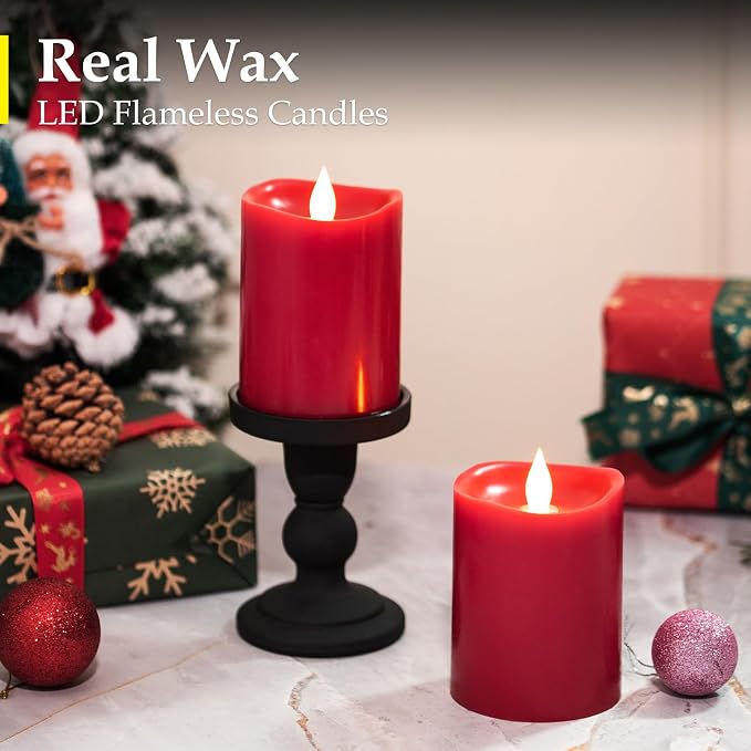 3" x 4" Red Flameless Candles - LED Pillar with Remote, Timer, Flickering, 600+ Hour Battery Life, Ideal for Christmas, Halloween, and Indoor Decor (Red, 3"*4"-2pcs)