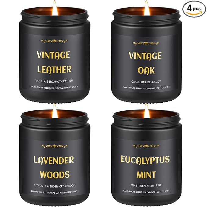 Scented Candles for Men, 4 Pack Mens Candle Set, Soy Candles for Home Scented, Masculine Candle for Him, 28oz, 200 Hours Burning Time Aromatherapy Candles of Lavender/Eucalyptus/Leather/Oak