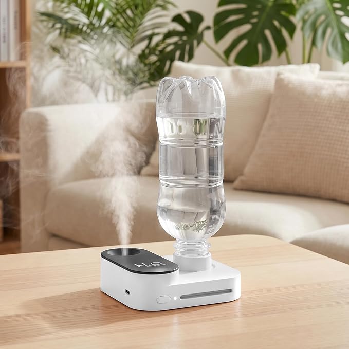 Travel Humidifier, Portable Mini Cool Mist Humidifier, Small Bottle Humidifier with Auto Shut-Off, Night Light, USB Rechargeable, for Bedroom, Office, Hotel, Car and Plants,White