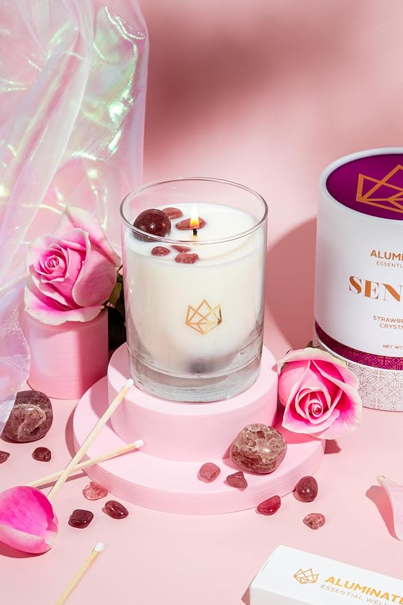 Luxury Glass Jar Candle, 14 OZ, Sensual - Strawberry Quartz Crystal Infused - Scents of Star Anise, Rose, Sichuan Pepper & White Musk - Coconut Wax, Essential Oils, Dr. Developed