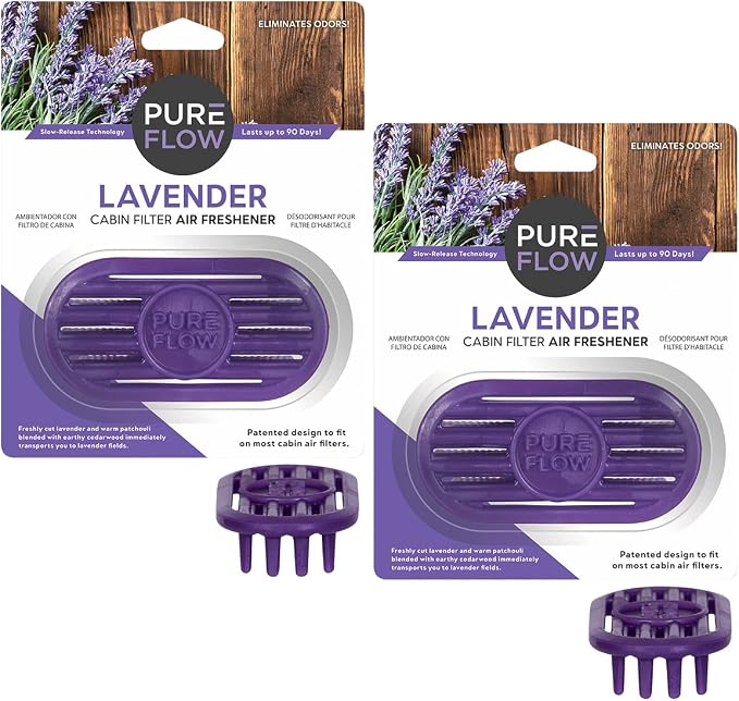 PUREFLOW Cabin Filter Air Freshener with Odor Eliminator - Fits on Most Car, Truck, and SUV Cabin Air Filters - Lavender (2-Pack)