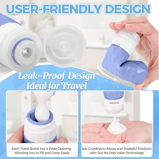 16Pack Travel Bottles for Toiletries, TSA Approved Travel Size Toiletries Containers Set, Silicone Leak Proof Refillable Bottles Elastic Sleeves Creams Jars Accessories Kit W/Clear Bag (Blue)