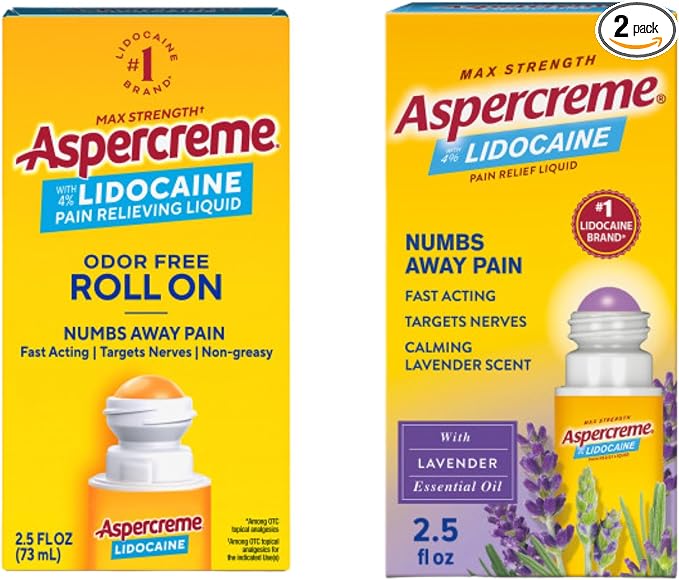 Aspercreme Lidocaine Pain Relief Liquid with No-Mess Roll-On Applicator, Max-Strength 4% Lidocaine Numbs Away Nerve Pain, Original & Essential Oil Lavender Scents 2.5 FL oz, 2 Pack