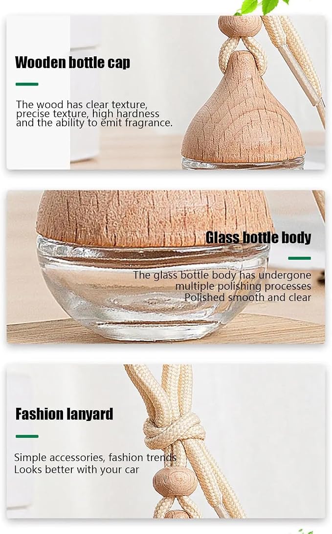 3 Pcs Hanging Car Air Freshener Diffuser Bottles – 6ml Refillable Essential Oil Aromatherapy Perfume Pendant, Clear Empty Glass with Wooden Cap & String for Vehicle Decoration, Closet Fragrance