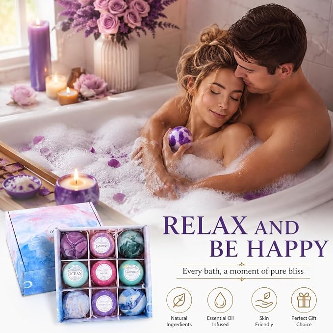 Bath Bombs Gift Set - 5 Large Fizzy Spa Bombs with 4 Scented Candles for Women - Moisturizing Bubble Bath with Essential Oils for Valentine's, Birthday Gifts
