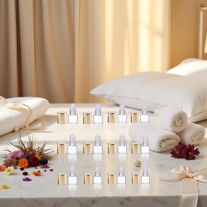12 Pcs Gold 1ml Mini Glass Roll on Bottles Roller Refillable Essential Oil Aromatherapy Sample Vials Roller Bottles Container