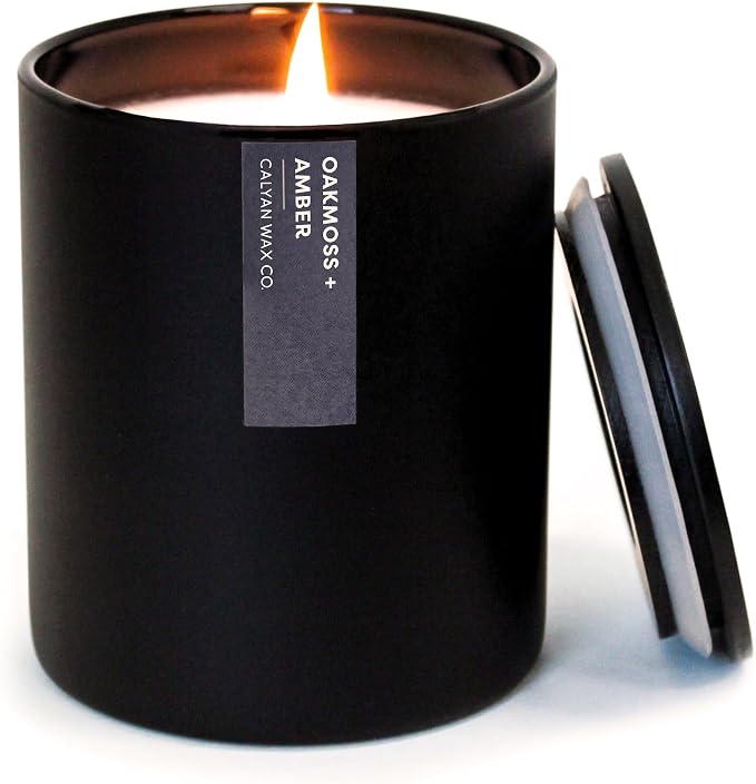 Calyan Wax Co. Oakmoss & Amber Scented Candle - 75 Hour Burn - Luxury Clean Soy Wax Candles - Long Lasting Black Tumbler Jar Candle for Home - 10.2oz
