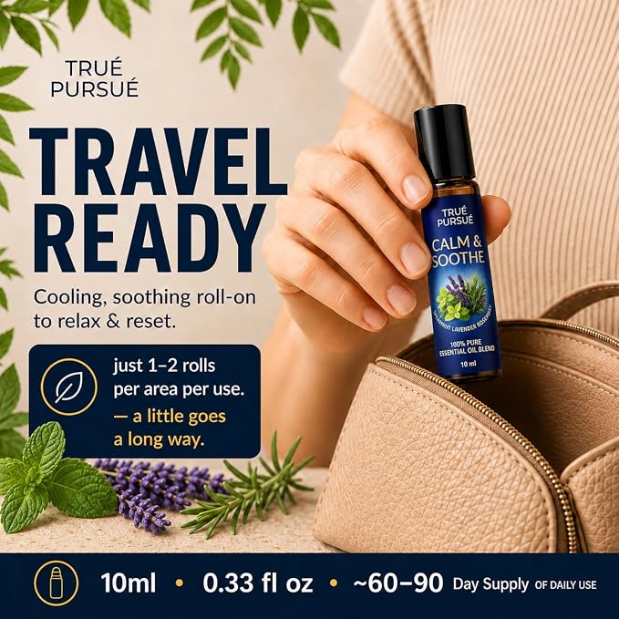 Soothe & Calm Essential Oil Roll On – Frankincense & Lavender Essential Oil Roller – Stress Relief Oil Roll On – 100% Pure Aromatherapy Calming Oils for Anxiety, Migraine & Sleep – 10ml TRUÉ PURSUÉ