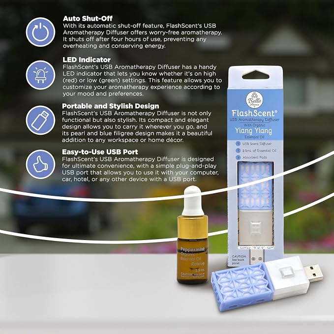 Belle Aroma® FlashScent™ USB Aromatherapy Bundle - for Car, Office, Home, and Travel - Includes 1 Serenity Blue Ylang Ylang Oil Diffuser Kit, 1 Lavender FlashScent Essential Oil, and 7 Refill Pads