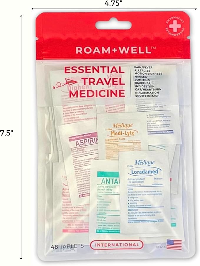 Essential Travel Medicine Kit, OTC Travel Medication, TSA Approved (International | 48 Tablets)