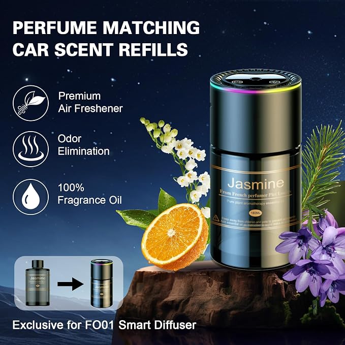 Smart Car Air Freshener Diffuser - 270-Day Long-Lasting Essential Oil (6.09oz/180ml), Auto On/Off Sensor, Ultrasonic Dual Modes, Multi-Mode Adjustable, Natural French Fragrance Oils, Jasmine Scent