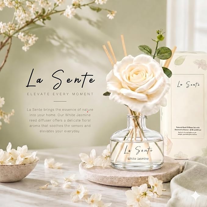 White Jasmine Reed Diffuser Set, 8.5 fl. oz / 250ml | Long Lasting, Flameless, Decorative Flower & Natural Reeds, For Bathroom, Bedroom, Office