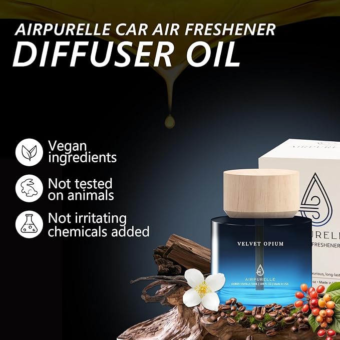 Car Air Freshener 50ML (1.7 FL OZ) Car Air Fresheners Diffuser, Amber Vanilla Fragrance Oil Car Air Freshner, 180+ days Long Lasting Car Perfume, Wooden Cup Design, Made in USA